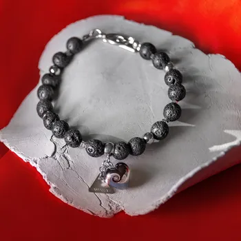 Náramek Lampglas Náramek Volcanic Heart s unikátní kresbou v perle Lampglas, lávou a hematitem