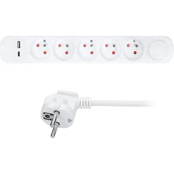 Prodlužovací kabel Solight prodlužovací přívod s USB A+C / bílý / vypínač / 5 zás. / 3m