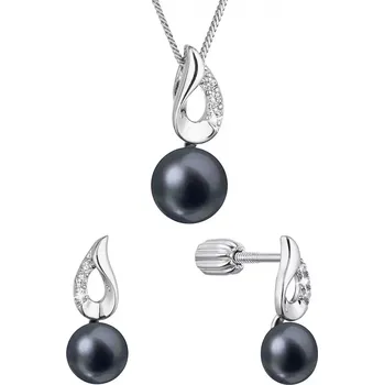 Náušnice Perlová souprava se zirkony a černou říční perlou 29061.3B black