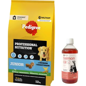 Krmivo pro psa Pedigree Junior Professional Nutrition s drůbežím masem a zeleninou pro velká a střední štěňata 12kg + LAB V Lososový olej 500ml