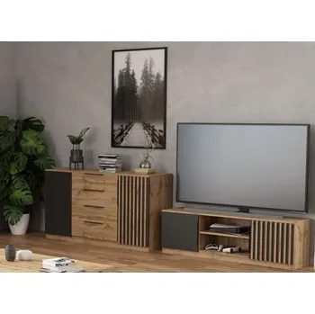 Obývací stěna Systém Kris dub wotan / černá s lamelami, obývací sestava A