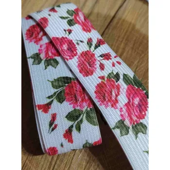 Textilie Pruženka s potiskem šíře 30 mm 1,35 m bílá s květy