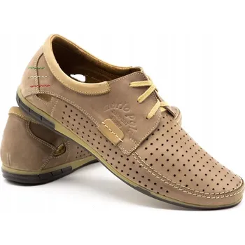 Pánské mokasíny Pánské kožené prodyšné boty na léto šněrovací POLSKÉ 563 béžové 44