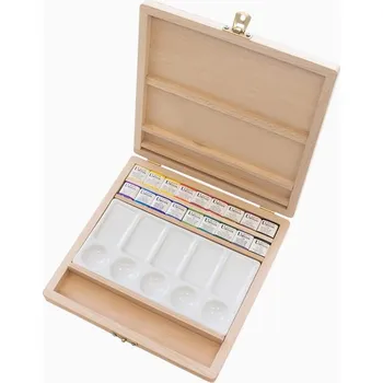 Vodová barva Akvarelové barvy v dřevěné kazetě - 18x2,6ml + porcelánová paleta