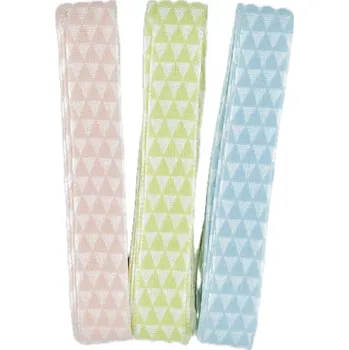 Stuha Stuha taftová MOSAICS jarní pastelové barvy set 3ks 15mm x 2m (10,-Kč/ks) (5,-Kč/m) (Stuha taftová MOSAIC set 3ks, pastelové barvy- modrá, zelená a růžová, jednostranný potisk, s vetkaným vlascem v okrajích)