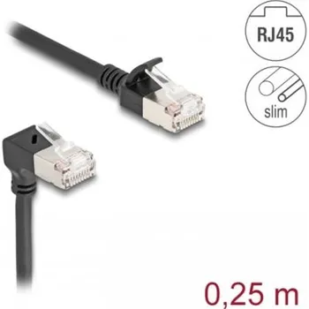 Síťový kabel Delock Síťový kabel RJ45 Cat.6A S/FTP, Slim, zalomený dolů o 90° / přímý, 0,25 m, černý 80303