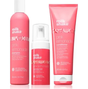 Šampon milk_shake® Pink Lemonade milk_shake® Pink Lemonade tónovací šampon pro blond vlasy 300 ml + milk_shake® Pink Lemonade tónovací kondicionér pro blond vlasy 250 ml + milk_shake® Pink Lemonade čisticí pěna na obličej 100 ml