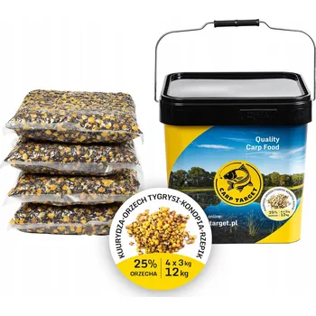 Návnadová surovina Mix zrn Carp Target Kukuřice Tygří ořech Konopí Řepík 12 kg Kbelík