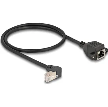 Síťový kabel Delock Síťový prodlužovací kabel ze zástrčky S/FTP RJ45, pravoúhlý (90°), na integrovanou zásuvku RJ45, Cat.6A, 0,5 m, černý 80310