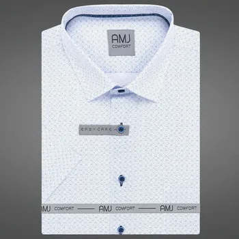 Pánská košile Pánská košile AMJ bavlněná, bílá, modré puntíky a čárky, VKSBR1374, krátký rukáv, slim fit, vel. 38
