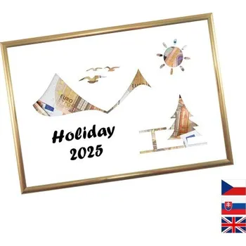 Žertovný předmět Rámeček na darování peněz - Dovolená - hory, Nápis anglicky, Rámeček 203 - zlatá metalická