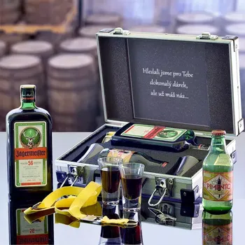 Dárkový potravinový koš Jägermeister originální dárkový koš v ALU kufru pro muže, chlapa originální dárek pro muže k narozeninám, vánocům, valentýnu Standardní víko