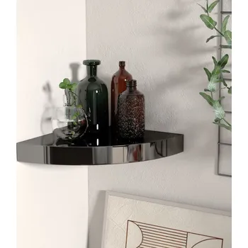 police Plovoucí rohová police černá vysoký lesk 35 x 35 x 3,8 cm MDF