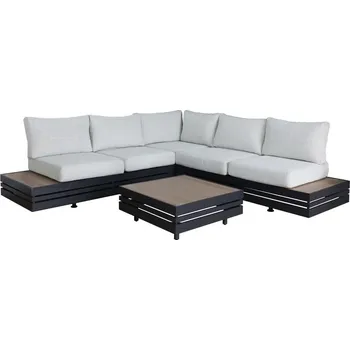 Zahradní sestava Rohová zahradní sedací souprava se stolkem velká, hliníkový rám, grafit / hnědé dřevo / šedá