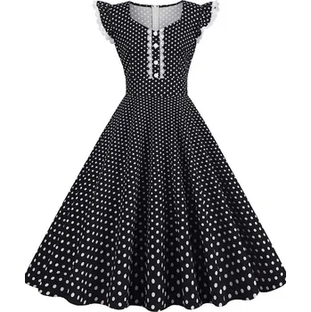 Dámské šaty Puntíkaté pinup šaty s volánkovými rukávy Velikost: L, Barva (Varianta): black dot dress