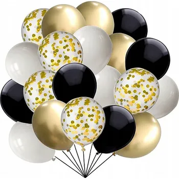 Balónek SET balónky s konfetami ČERNÉ ZLATÉ BÍLÉ 16 ks