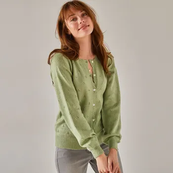 Dámský svetr Propínací svetr z úpletu pointelle zelená mořská 50