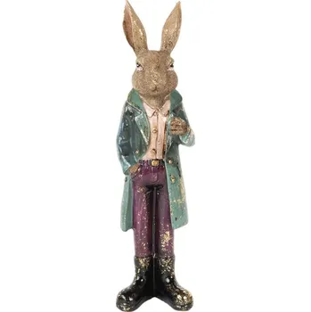 Dekorace ve vintage stylu králík s patinou v zeleném baloňáku – 24 cm
