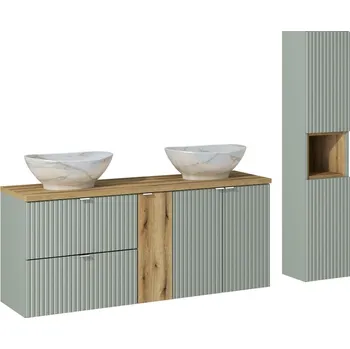 Koupelnový nábytek Koupelnová sestava Line Reed Green Pati se skříňkami a umyvadly 140 cm zelená/dub evoke