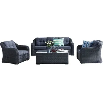 Zahradní sestava Luxusní ratanový set nábytku na terasu trojmístná pohovka + 2 křesla + stolek, antracit