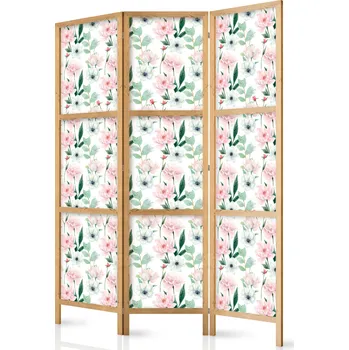 Paraván Japonský paraván - Pivoňky: Růžové a bílé květy a zelené listy na bílém pozadí Velikost: 135x172 cm