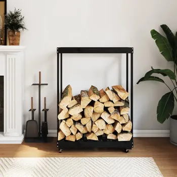 Stojan Na Dřevo Na Kolečkách Černý 76,5X40X108 Cm Borovice - Bílá