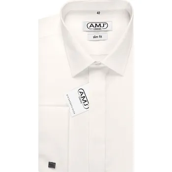 Pánská košile Společenská košile AMJ Slim fit s dvojitou manžetou - smetanová JDAMK velikost: 42, délka rukávu: dlouhý rukáv