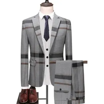 Pruhovaný a kostkovaný oblek luxusní office a business Velikost: 3XS, Barva (Varianta): Gray Jacket and Pant