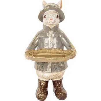 Dekorace ve vintage stylu bílý králík v šedé pláštěnce s klobouku s tácem – 29 cm