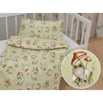 Povlečení Dětské bavlněné povlečení do postýlky Sandra SA-474 Žabky a zvířátka mezi houbami na zeleném Do postýlky 90x120 a 40x60 cm