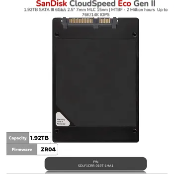 SSD disk SanDisk CloudSpeed Eco Gen II | 1.92TB SATA III 6Gb/s 2.5" 7mm MLC 15nm | MTBF - 2 Million hours | Up to 76K/14K IOPS | SDLF1CRR-019T-1HA1 | FW: ZR04