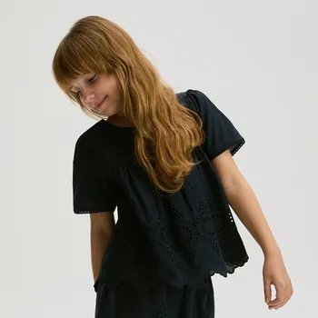 Dívčí košile Reserved - Halenka s ažurovým lemem - ocelově modrá - 445DA-95X - 445DA-95X-152