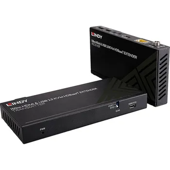 LINDY Cat.6 HDBaseT KVM Extender HDMI(TM), infraport, USB 2.0 HDBaseT Extender Set (vysílač plus přijímač) přes síťový kabel RJ45 150 m
