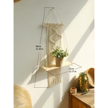 police Závěsná macrame dřevěná police v boho stylu | závěsná police, dřevěná police - dřevěná police M01330