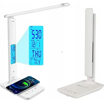 Lampička LED STOLNÍ LAMPA USB ŠKOLNÍ SE ZEGREM, QI NABÍJEČKOU A DISPLEJEM BÍLÁ