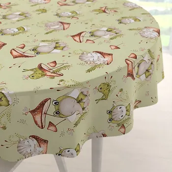 ubrus Dětský bavlněný kulatý ubrus Sandra SA-474 Žabky a zvířátka mezi houbami na zeleném Ø 50 cm