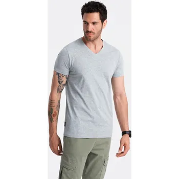 Pánské tričko Pánské klasické bavlněné tričko BASIC s výstřihem - šedý melír V16 OM-TSBS-0145 - 3XL