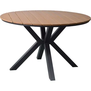 Zahradní stůl Kvalitní kulatý venkovní stůl pro 4-6 osob, hliník + imitace dřeva polywood, černá / hnědá, průměr 120 cm