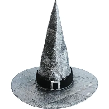 Klobouk KLOBOUK ČARODĚJNICE STŘÍBRNO ŠEDÝ S ČERNOU SPONOU KOSTÝM HALLOWEEN