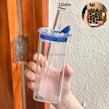 Skleněný hrnek s víčkem a brčkem | designový hrnek, sklenice s brčkem - 350 ml modrá