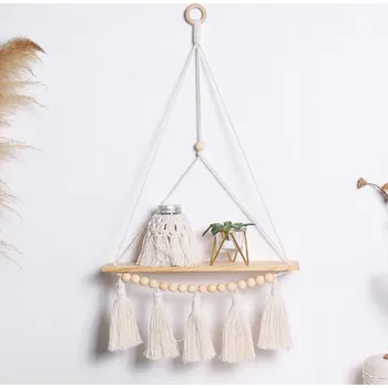 police Závěsná polička s makramé – designová dřevěná police na zeď | nástěnná dekorace, boho dekorace - Police M01020