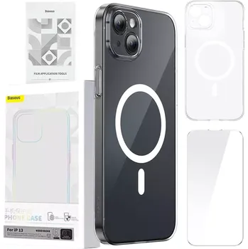 Pouzdro na mobilní telefon Baseus Magnetic Crystal Clear iPhone 13 Pro průhledné s ochranným krytem displeje z tvrzeného skla a čisticí sadou