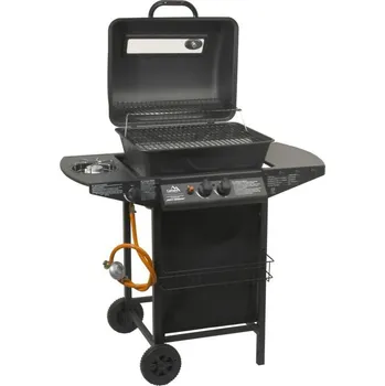 Zahradní gril Menší plynový gril na terasu / zahradu černý, 2 kolečka, 2x hlavní + 1 boční gril, 98x51x102 cm