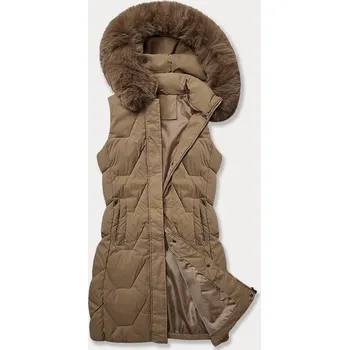 Dámská vesta Tmavě béžová dámská vesta s kapucí olemovanou kožešinou J Style (16M9172-84) odstíny béžové L (40)