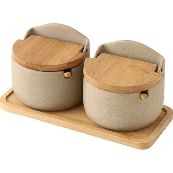 Dóza na potraviny Keramická dóza s bambusovým víkem na koření | kuchyňské vybavení - Sada 2ks