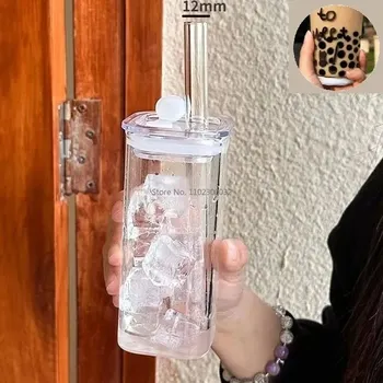 Skleněný hrnek s víčkem a brčkem | designový hrnek, sklenice s brčkem - 350 ml čirý