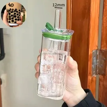 Skleněný hrnek s brčkem pro kávu a čaj | průhledný hrnek, skleněné hrnky - Zelený