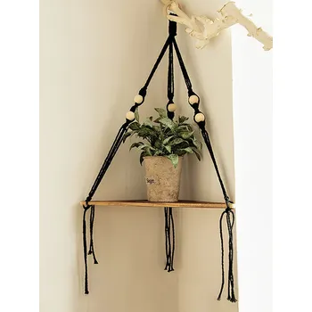 Drátěná police Dřevěná rohová police závěsná boho | Rohová polička, závěsná dekorace - rohová police M01513