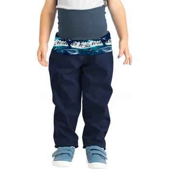 Chlapecké kalhoty Unuo (ušito v ČR) Dětské softshellové kalhoty Unuo s fleecem temně modré tučňáci