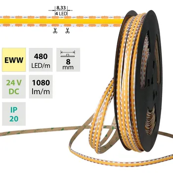 LED páska LED pásek COB EWW, 480LED/m, 12W/m, DC 24V, 1080lm/m, CRI90, IP20, modul 8,33mm, 8mm, 50m